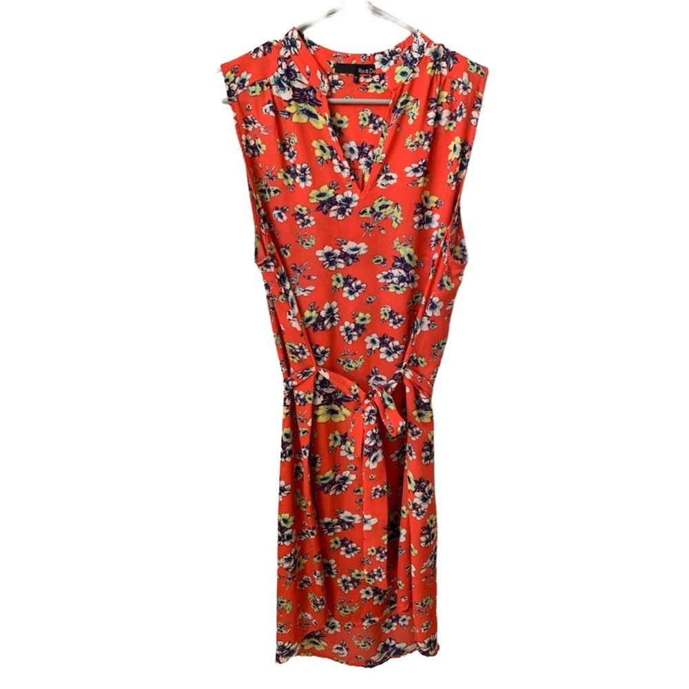 RO & DE Women’s Coral Red Floral Sleeveless Midi Dress with Sash Size: Large